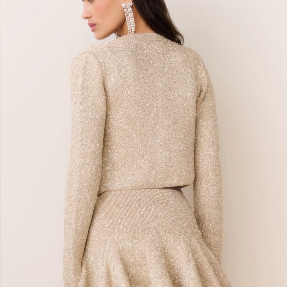 LoveShackFancy Ferra Sequin Stretch Knit Cardigan Color:Honey Gold NWT